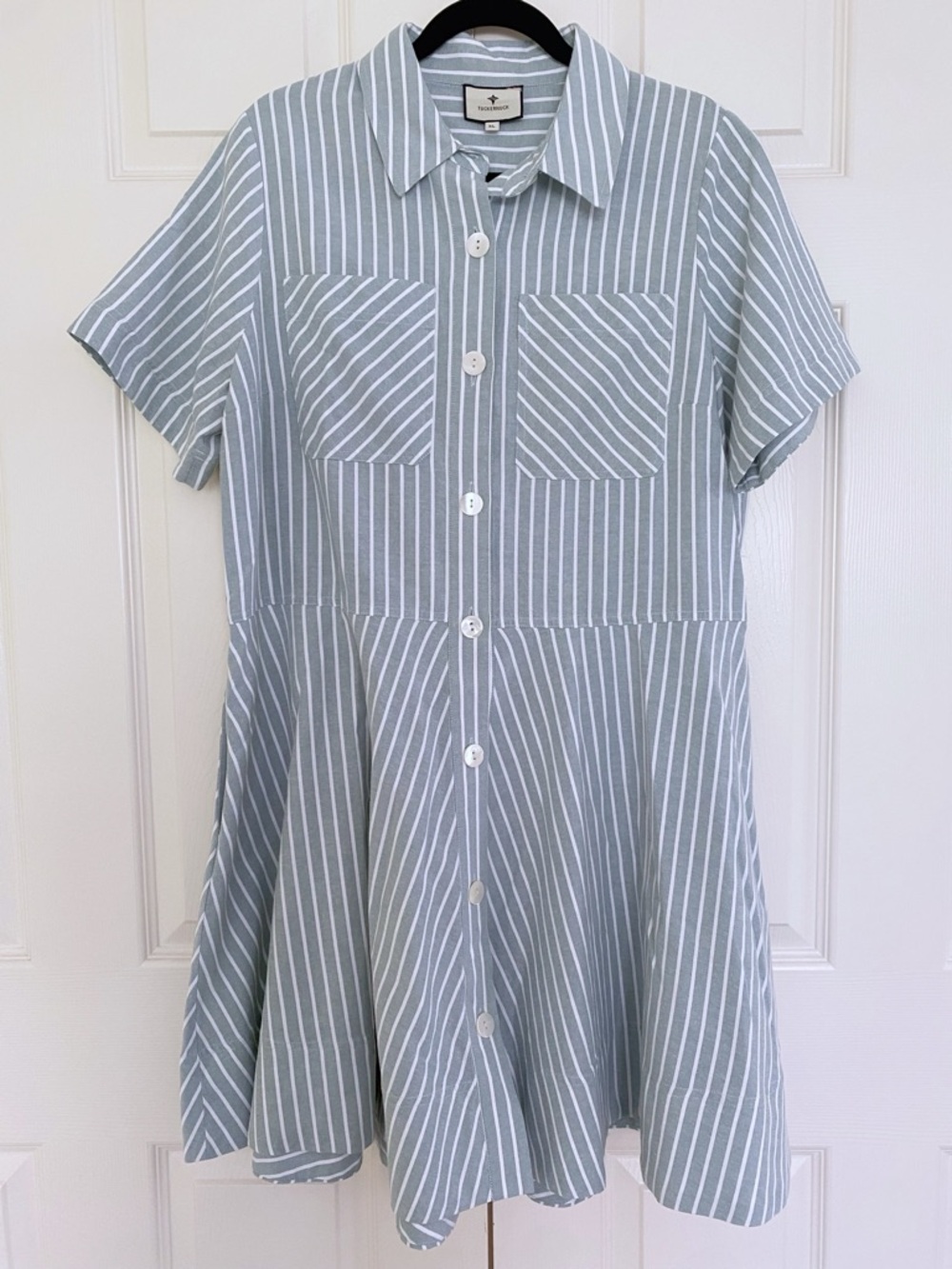 Tuckernuck Celadon Stripe Meryl Shirt Dress XL Pastel Green White Preppy